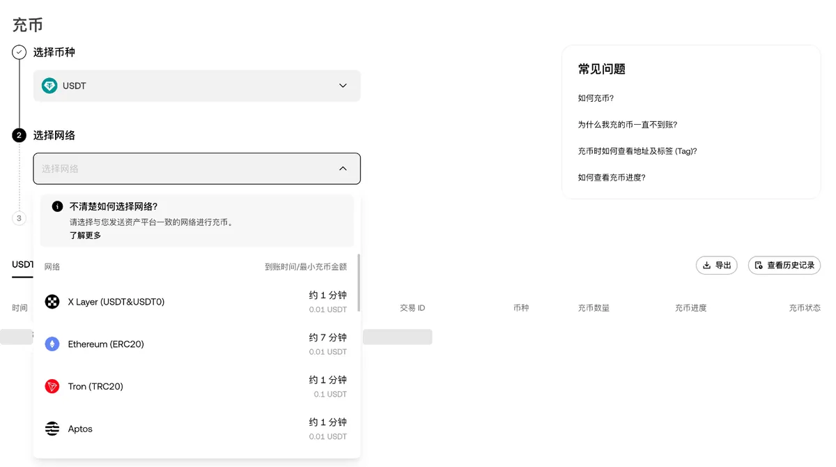 欧易充币页选择网络：每个网络的到账时间和最小充币金额